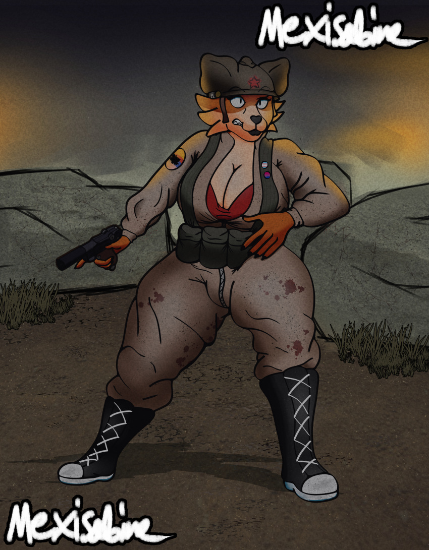 absurd_res anthro armor big_breasts bikini bikini_top bisexual_pride_colors black_lipstick boots breasts canid canine chest_rig cleavage clothed clothing female footwear fox gun handgun headgear helmet hi_res huge_breasts jumpsuit karen_the_fox_(mexisabine) lgbt_pride lipstick makeup mammal mexisabine military_clothing military_uniform open_clothing pistol pride_colors ranged_weapon red_fox solo swimwear thick_thighs trans_(lore) trans_woman_(lore) transgender_pride_colors uniform weapon