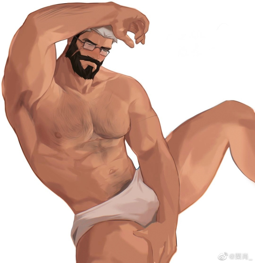 1boy abs arm_on_head armpits bara beard blush borrowed_character briefs character_request chest_hair facial_hair feet_out_of_frame flustered glasses large_pectorals lixiao6342 male_focus male_underwear mature_male multicolored_hair muscular muscular_male mustache navel navel_hair nipples one_eye_closed original pectorals scar scar_on_chest short_hair solo spread_legs stomach thick_eyebrows thick_thighs thighs topless_male two-tone_hair underwear white_background white_hair white_male_underwear