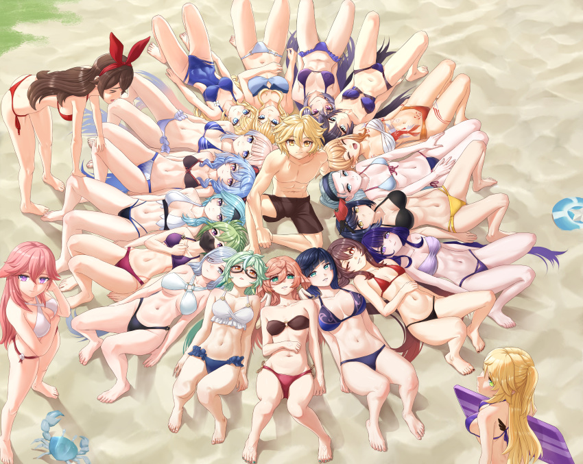 &gt;_&lt; 1boy 6+girls ^_^ absurdres aether_(genshin_impact) amber_(genshin_impact) animal aqua_hair arm_rest arm_support barbara_(genshin_impact) barefoot beach bent_over black_hair blonde_hair blue_eyes blue_hair breasts brown_hair circle_formation cleavage closed_eyes crab day eula_(genshin_impact) fischl_(genshin_impact) fisheye from_above ganyu_(genshin_impact) genshin_impact glasses green_eyes green_hair grey_hair hair_between_eyes hair_slicked_back hairband harem highres hu_tao_(genshin_impact) jean_(genshin_impact) kamisato_ayaka keqing_(genshin_impact) knees_up kujou_sara kuki_shinobu large_breasts leaning_back legs_apart light_brown_hair linea_alba long_hair looking_at_viewer luizhtx lying mask medium_hair mona_(genshin_impact) mouth_mask multicolored_hair multiple_girls navel on_back one-piece_swimsuit one_eye_closed open_mouth outdoors pale_skin pink_hair purple_eyes purple_hair raiden_shogun sand sangonomiya_kokomi shenhe_(genshin_impact) side_ponytail sitting small_breasts smile standing stomach sucrose_(genshin_impact) swimsuit toes very_long_hair yae_miko yanfei_(genshin_impact) yelan_(genshin_impact) yoimiya_(genshin_impact)