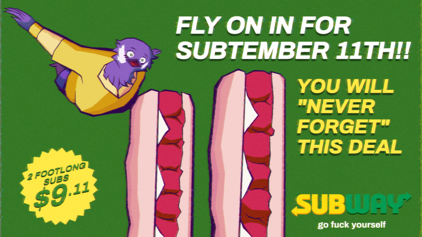 9/11 anthro avian beak big_breasts bird breasts coupon dawn_solaris_(hot_knives) female flying food great_tit hi_res hot_knives humor joke joke_art meatball meatball_sub meme oscine passerine sandwich_(disambiguation) sandwich_(food) shitpost slightly_chubby slightly_chubby_female submarine_sandwich subway the_onion tit_(bird)