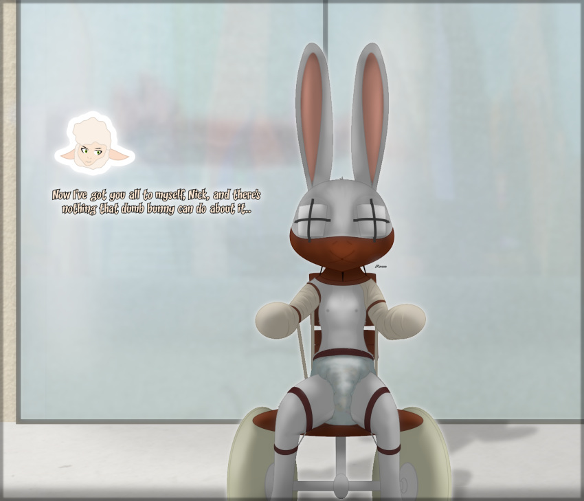 anthro bellwether bovid caprine cast clothed clothing covered_eyes cuckold dialogue diaper disney female gag gagged hi_res judy_hopps lagomorph leg_braces leporid mammal medical_bondage muzzle_(object) padlockedpadding rabbit sensory_deprivation sheep solo text wearing_diaper wheelchair zootopia