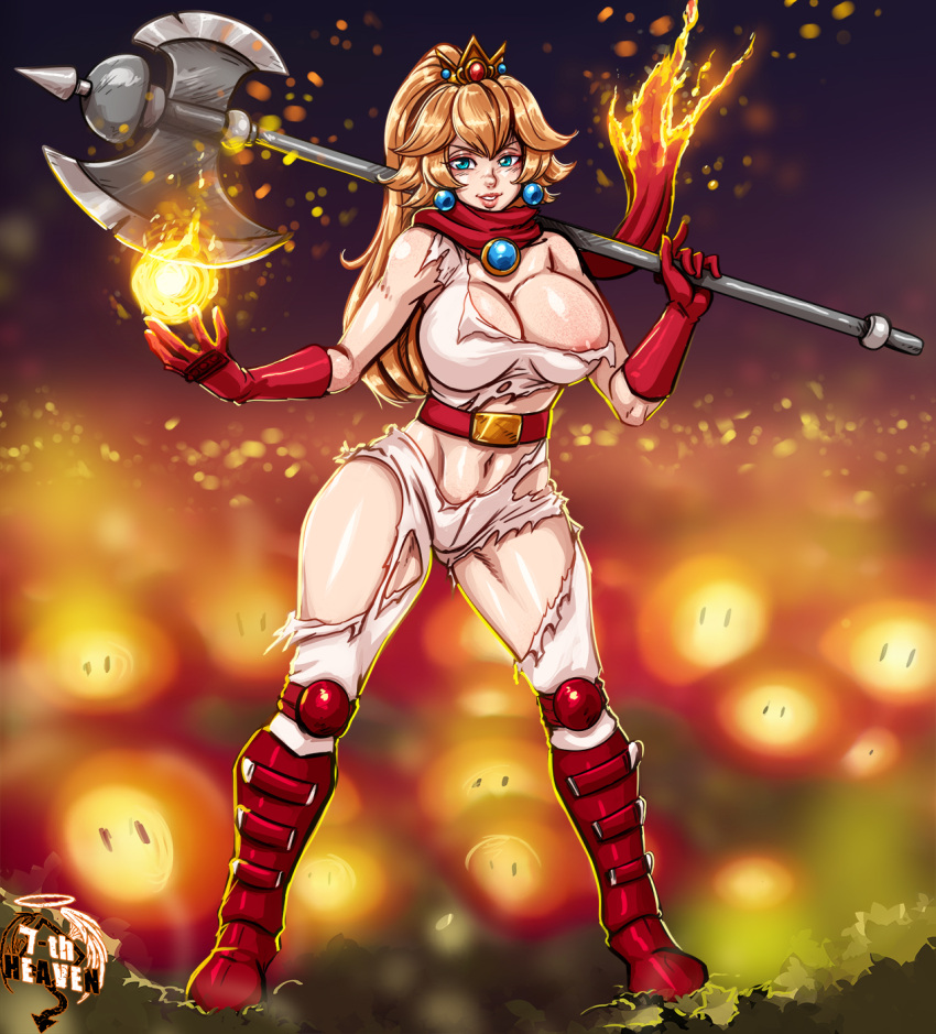 7th-heaven areola_slip axe belt biker_clothes bikesuit blonde_hair bodysuit boots breasts crown earrings fire highres jewelry large_breasts long_hair mario_(series) navel pink_bodysuit princess_peach red_footwear scarf skin_tight smile the_super_mario_bros._movie thick_thighs thighs torn_clothes