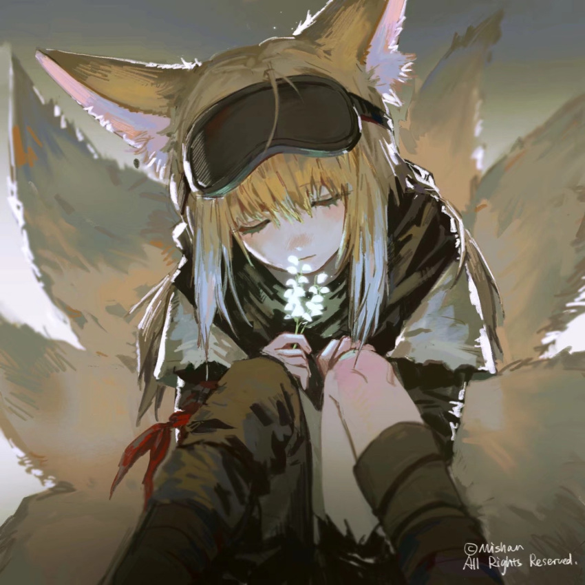 1girl animal_ears arknights artist_name black_scarf black_shorts black_sleeves blonde_hair brandybuck closed_eyes closed_mouth expressionless facing_viewer feet_out_of_frame flower fox_ears fox_girl fox_tail goggles goggles_on_head grey_shirt highres holding holding_flower knees_up lily_of_the_valley long_hair multiple_tails scarf shirt shorts sidelocks sitting solo suzuran_(arknights) suzuran_(lostlands_flowering)_(arknights) tail torn_clothes torn_shorts