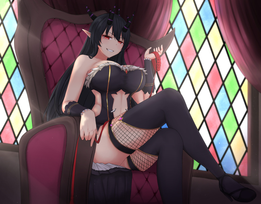 absurdres black_hair chair cloak collar commission commissioner_upload demon_girl demon_horns highres holding holding_collar holding_leash horns keiizumi leash non-web_source on_chair pointy_ears pumpkin red_eyes sitting smile stained_glass thighhighs