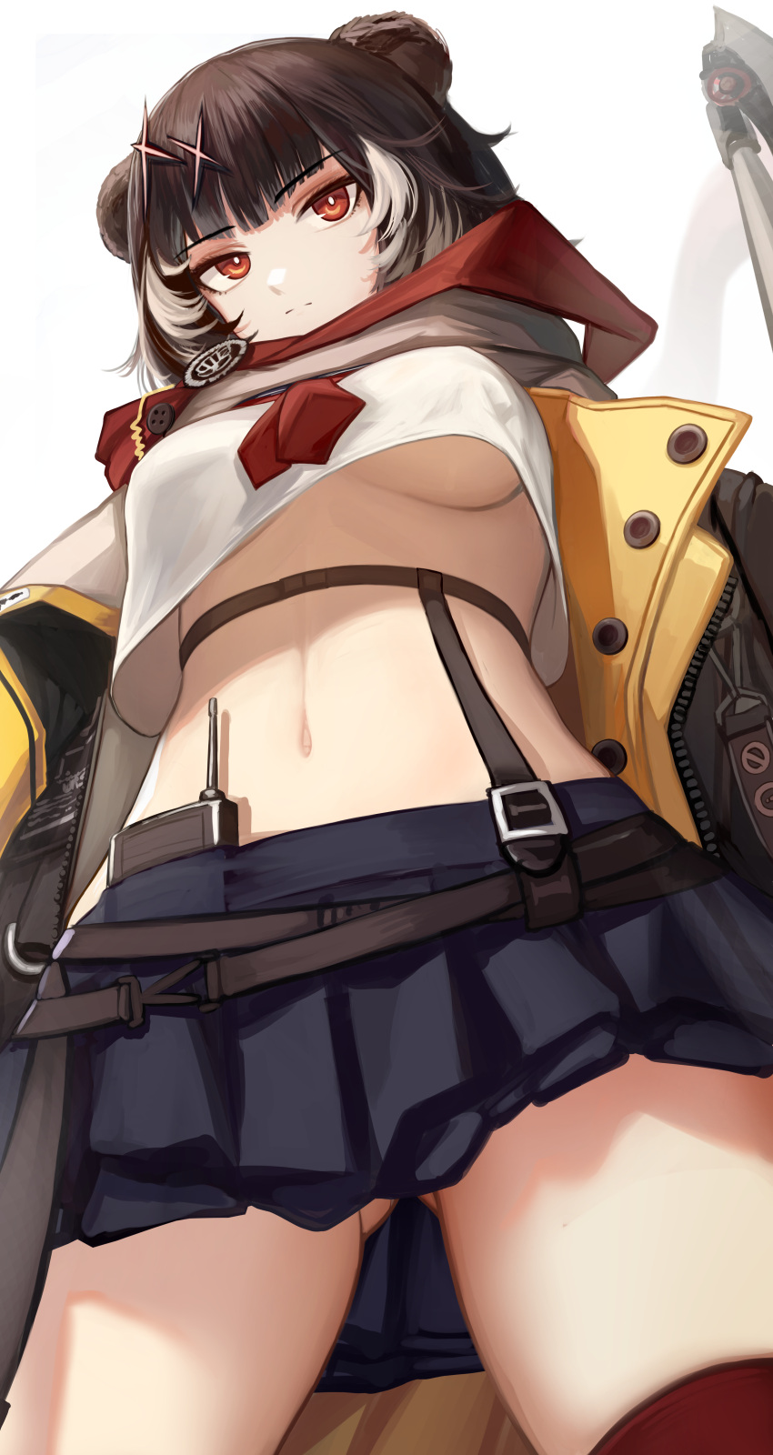 1girl absurdres animal_ears arknights bear_ears belt black_belt black_hair blue_skirt breasts commentary_request cowboy_shot crop_top highres leto_(arknights) midriff miniskirt navel nopetroto pleated_skirt red_eyes red_scarf scarf shirt short_hair skirt solo standing stomach thighs underboob white_shirt
