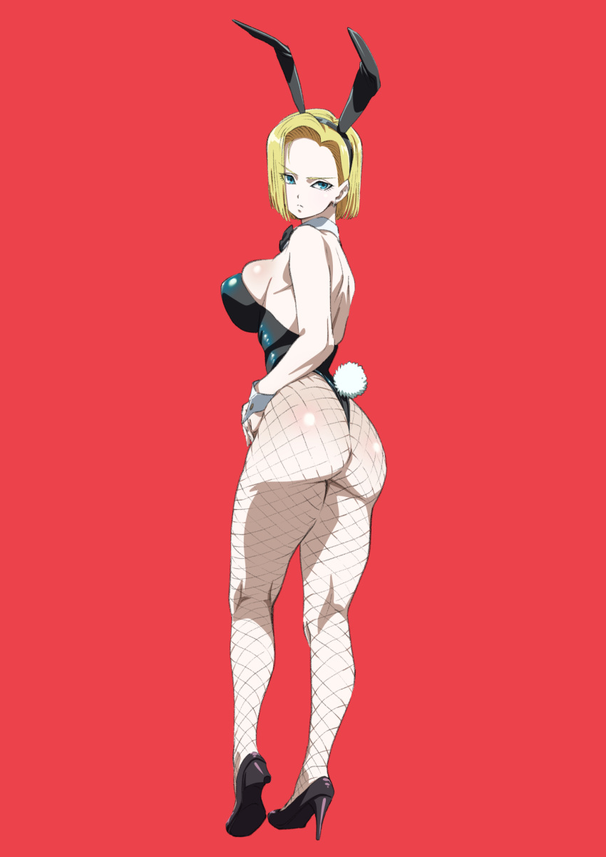 android_18 animal_ears ass breasts dragon_ball fishnets from_behind high_heels highres ika_daishougun large_breasts playboy_bunny rabbit_ears red_background sideboob