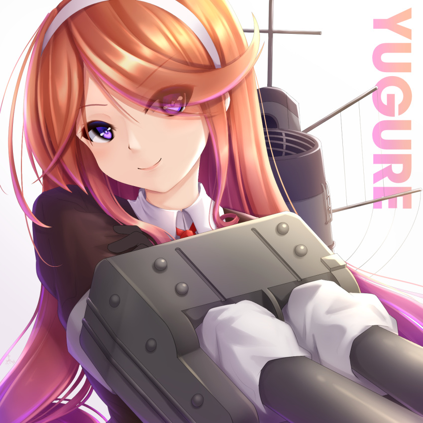 1girl adapted_turret asymmetrical_sidelocks black_gloves black_jacket blazer cannon character_name drill_hair gloves gradient_hair hairband highres jacket kantai_collection long_sleeves looking_at_viewer multicolored_hair necktie orange_hair purple_eyes purple_hair red_necktie rigging school_uniform seiya_(iiseven) side_drill smile smokestack solo white_hairband yuugure_(kancolle)