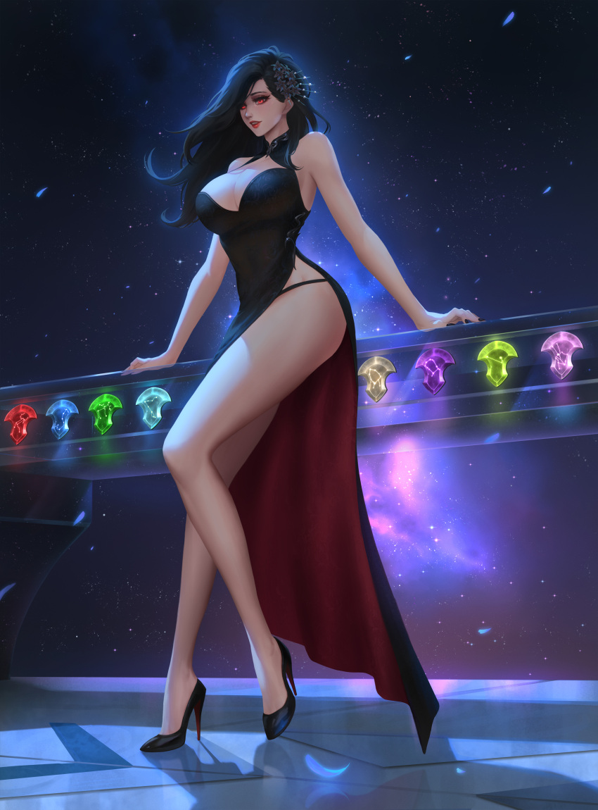 absurdres black_dress black_hair breasts chaosringen cleavage cleavage_cutout clothing_cutout commission dress final_fantasy final_fantasy_xiv hair_ornament high_heels highres hyur large_breasts long_hair night night_sky parted_lips red_eyes red_lips side_slit sky thighs two-sided_dress two-sided_fabric warrior_of_light_(ff14)