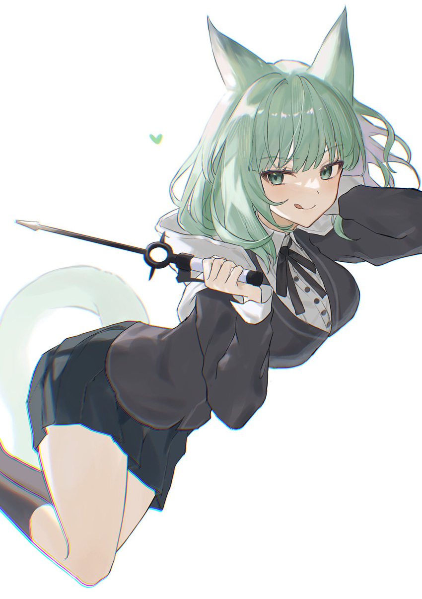 1girl 2naom8q6gt87292 :q animal_ears arknights arm_behind_head black_shirt black_skirt breasts cape cardigan cat_ears cat_girl cat_tail collared_shirt facing_viewer feet_out_of_frame green_eyes green_hair grey_cardigan grey_socks hand_up harmonie_(arknights) heart highres holding holding_wand long_sleeves looking_to_the_side medium_breasts medium_hair neck_ribbon pleated_skirt ribbon shirt simple_background skirt smile socks solo tail thighs tongue tongue_out wand white_background white_cape