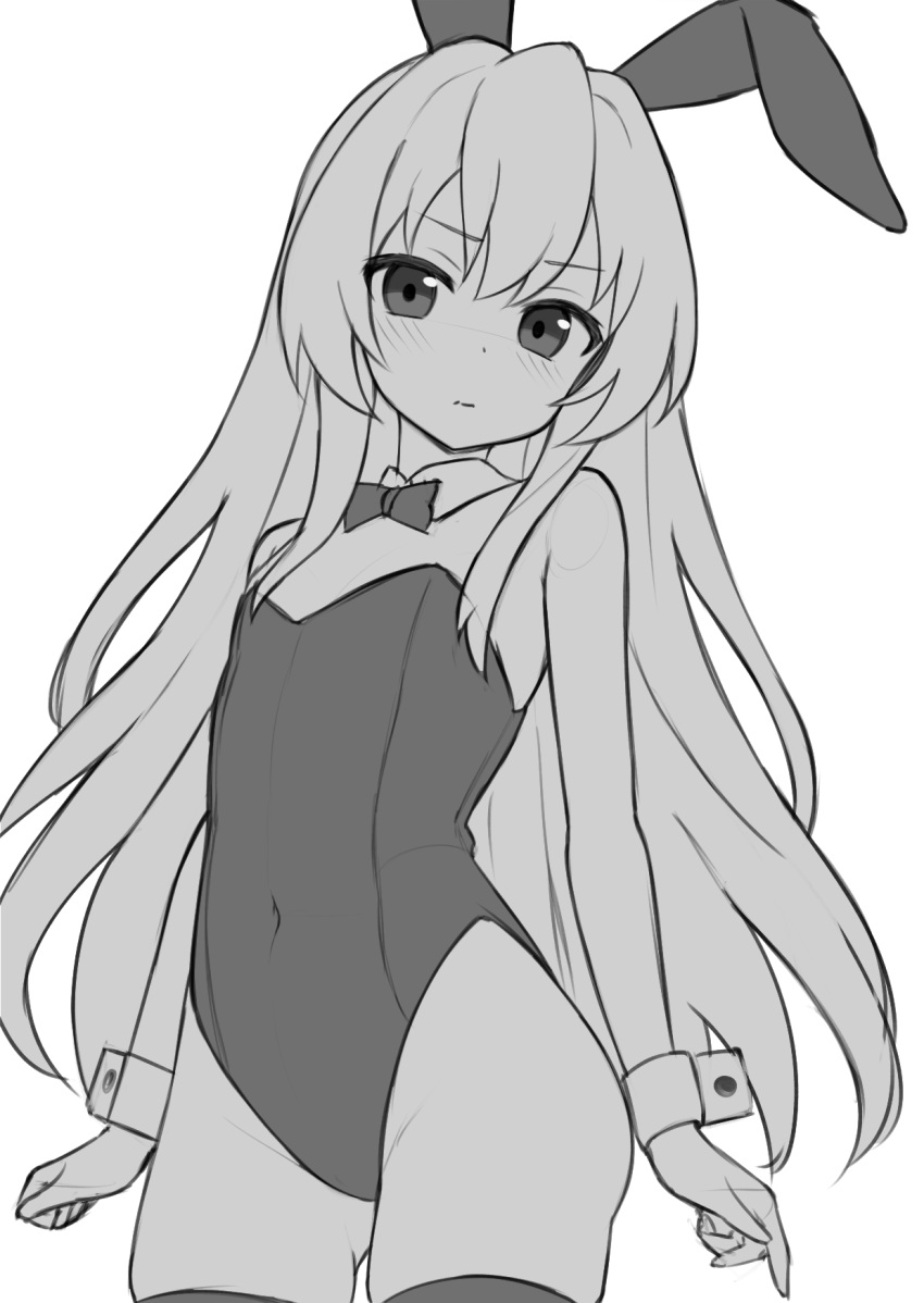 1girl aisaka_taiga animal_ears arms_at_sides ass_visible_through_thighs bare_shoulders blush bow bowtie closed_mouth commentary covered_navel cowboy_shot detached_collar dot_nose english_commentary fake_animal_ears flat_chest greyscale groin hair_between_eyes highres leotard long_hair looking_at_viewer mikoscrub monochrome rabbit_ears sidelocks simple_background sketch skindentation solo split_mouth standing straight_hair strapless strapless_leotard thighhighs toradora! very_long_hair wavy_mouth white_background wrist_cuffs