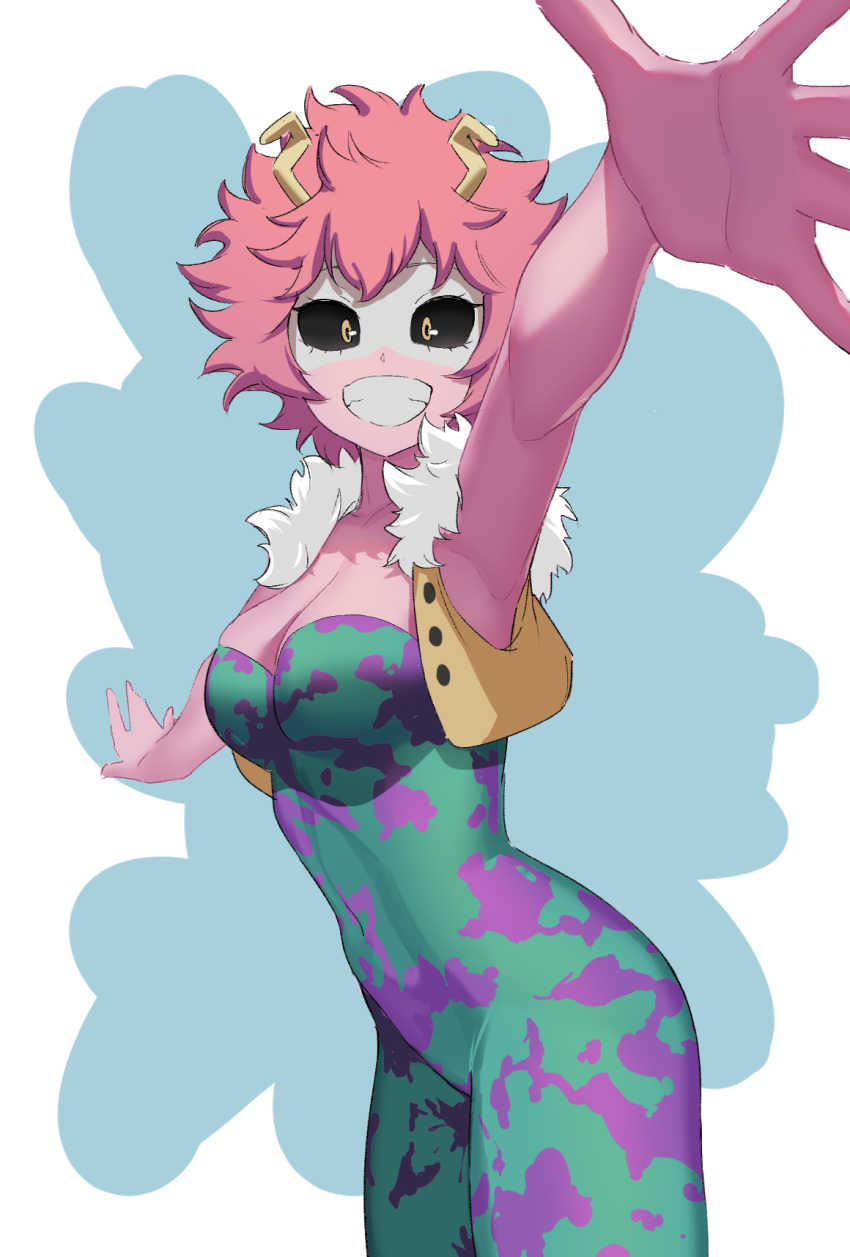 1girl :d armpits ashido_mina black_sclera blue_background bodysuit boku_no_hero_academia breasts brown_vest cleavage colored_sclera colored_skin constricted_pupils cowboy_shot cropped_vest excited eye_mask from_side fur-trimmed_vest green_bodysuit grin highres horns looking_at_viewer looking_to_the_side medium_breasts messy_hair open_clothes open_vest outstretched_arms pink_hair pink_skin purple_bodysuit reaching reaching_towards_viewer sametogoreijou short_hair skindentation sleeveless sleeveless_bodysuit smile solo spread_fingers two-tone_bodysuit unitard vest white_background yellow_eyes