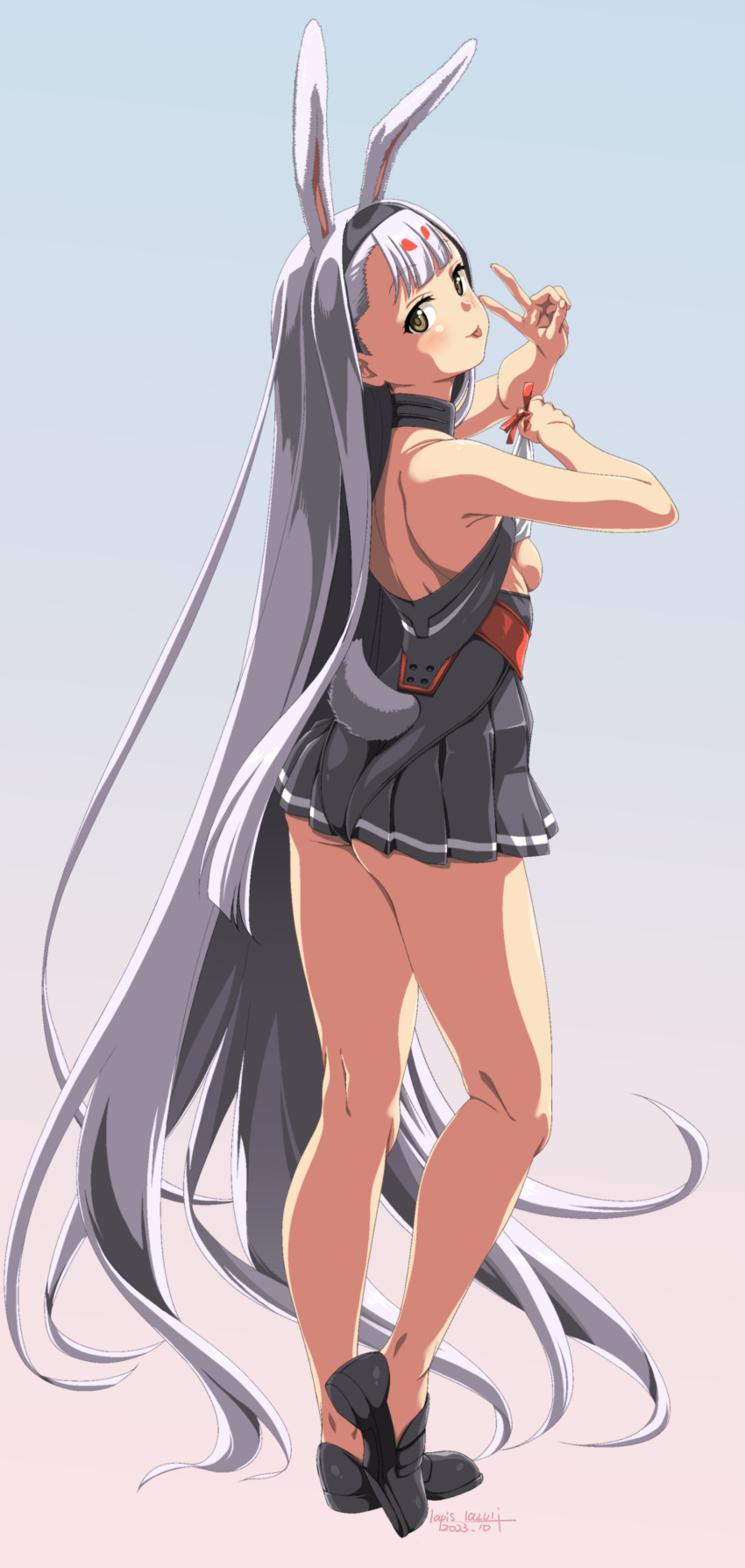 1girl :p absurdres animal_ears arms_up ass azur_lane bikini bikini_bottom_only bikini_over_clothes black_footwear black_skirt breasts brown_eyes from_behind full_body hairband highres kneepits legs long_hair looking_at_viewer looking_back miniskirt pleated_skirt rabbit_ears rabbit_girl rabbit_tail shimakaze_(azur_lane) shoes sideboob skirt small_breasts smile solo swimsuit tail thighs tongue tongue_out umyonge_(lkakeu) v very_long_hair white_hair