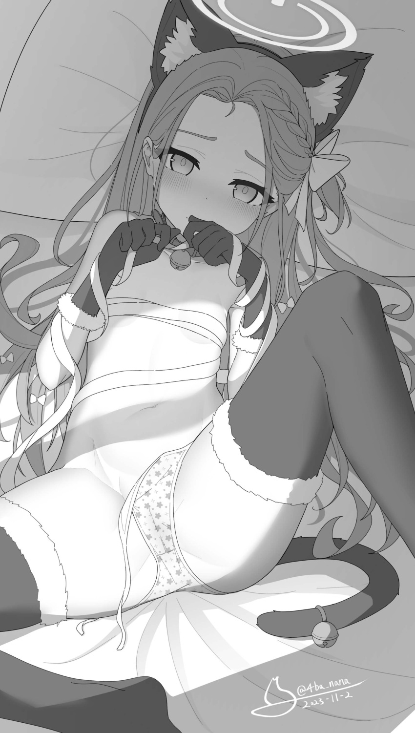 1girl 4ba_nana absurdres animal_ear_fluff animal_ears bandages bell blue_archive blush bow braid cat_ears cat_tail collar commentary_request flat_chest fur-trimmed_gloves fur-trimmed_legwear fur_trim gloves greyscale hair_bow halo highres jingle_bell long_hair looking_at_viewer lying monochrome neck_bell on_back panties paw_pose pillow print_panties side-tie_panties solo spread_legs star_(symbol) star_print tail tail_bell tail_ornament thighhighs underwear untied_panties very_long_hair yuzu_(blue_archive)