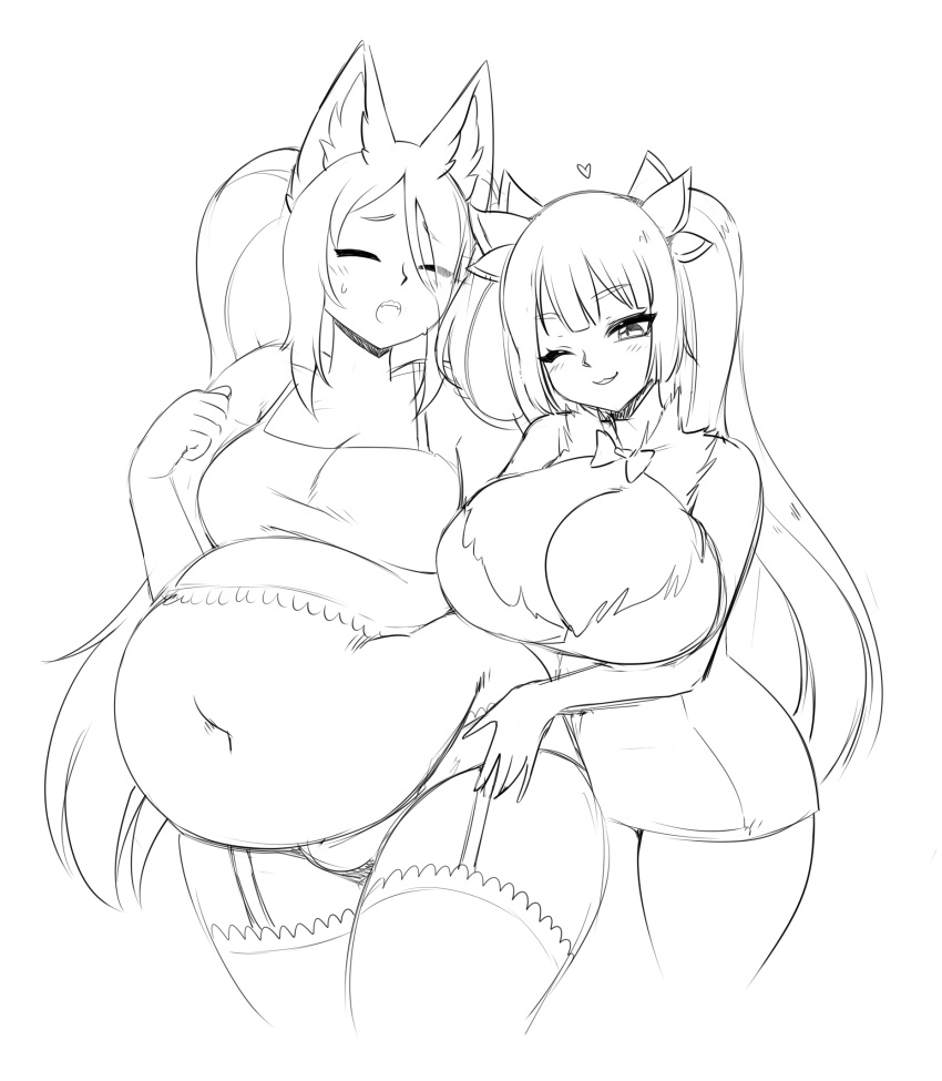 &lt;3 accessory animal_humanoid belly big_belly big_breasts bow_tie breasts cakecatboy canid canid_humanoid canine canine_humanoid cleavage clothed clothing duo eyes_closed female fox_humanoid hair hair_accessory hi_res huge_breasts human humanoid looking_at_viewer mammal mammal_humanoid monochrome navel one_eye_closed open_mouth overweight overweight_female overweight_humanoid simple_background smile standing thick_thighs unknown_character wide_hips wink