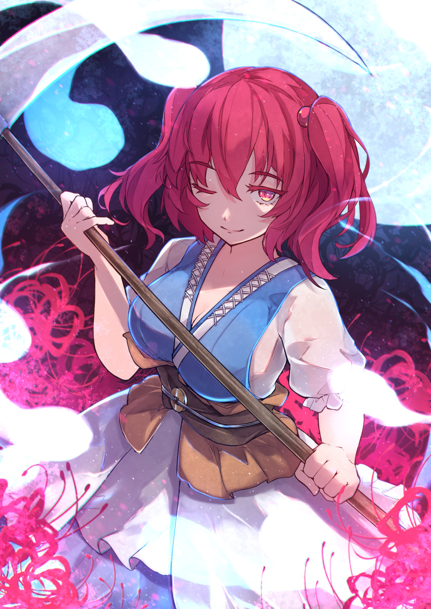 1girl chiroru_(cheese-roll) closed_mouth flower highres holding holding_weapon looking_at_viewer moon one_eye_closed onozuka_komachi red_hair scythe short_twintails smile spider_lily touhou twintails weapon