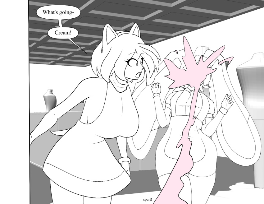 amy_rose animal_humanoid anthro big_breasts blush bodily_fluids body_size_growth bottomwear bracelet breasts cleavage clothed clothing cream_the_rabbit curvaceous curvy_female curvy_figure dialogue duo english_text eulipotyphlan eulipotyphlan_humanoid exclamation_point female fur gigajule5_(artist) hair hedgehog hedgehog_humanoid hourglass_figure human humanoid jewelry lactating lagomorph lagomorph_humanoid leporid leporid_humanoid long_ears male mammal mammal_humanoid milk projectile_lactation rabbit rabbit_humanoid sega side_boob size_transformation solo sonic_the_hedgehog_(series) sound_effects speech_bubble tail text thick_thighs transformation voluptuous wide_hips