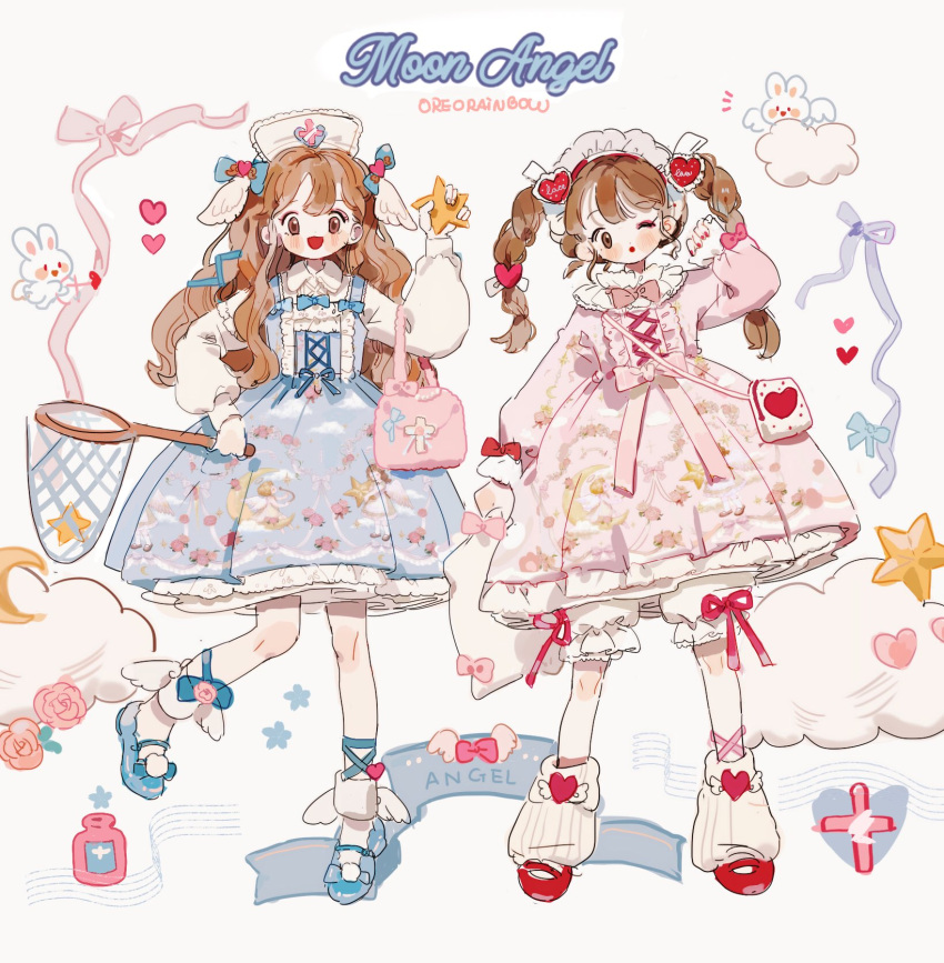 2girls :o angel_print angel_wings artist_name bag bandaged_leg bandages bloomers blue_bow blue_bowtie blue_dress blue_footwear blue_ribbon blunt_bangs blush_stickers bow bow_choker bow_legwear bowtie braid brown_eyes brown_hair butterfly_net center_frills choker cloud collared_shirt crescent_print cross-laced_clothes cross-laced_dress cross-laced_top cross_print dress english_text eyelashes eyeshadow floral_print flower footwear_bow frilled_choker frilled_dress frilled_hat frilled_shirt_collar frills full_body hair_bow hair_ornament hand_net hand_up hat heart heart_hair_ornament heart_print highres holding holding_butterfly_net holding_pillow holding_star lace-trimmed_dress lace_trim leg_ribbon lolita_fashion long_hair long_sleeves looking_at_viewer makeup mary_janes multiple_girls multiple_hair_bows nail_polish notice_lines nurse_cap one_eye_closed open_mouth original petticoat pill_bottle pillow pink_bag pink_bow pink_bowtie pink_dress pink_flower pink_ribbon pink_rose polka_dot_bag pom_pom_(clothes) puffy_long_sleeves puffy_sleeves putong_xiao_gou rabbit red_eyeshadow red_footwear red_lips red_nails ribbon ribbon_legwear rose rose_print shirt shoes shoulder_bag single_sidelock sleeve_bow sleeveless sleeveless_dress socks star_(symbol) star_print striped tote_bag twin_braids twintails vertical_stripes waist_bow wavy_mouth white_background white_bag white_bloomers white_bow white_choker white_headdress white_headwear white_leg_warmers white_shirt white_socks white_wings wing_hair_ornament winged_legs wings