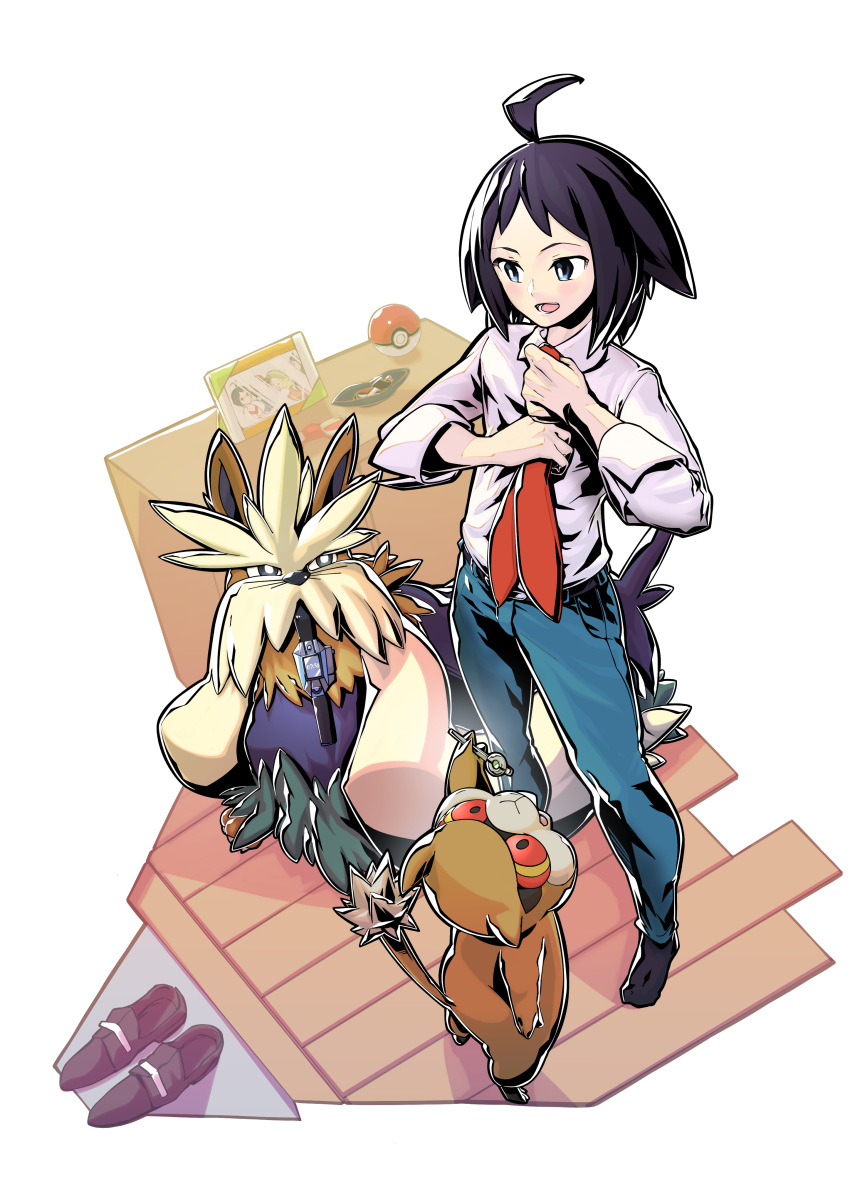 1boy :d absurdres adjusting_clothes adjusting_necktie ahoge belt bianca_(pokemon) black_hair black_socks blue_eyes bright_pupils brown_footwear cheren_(pokemon) collared_shirt colored_sclera commentary_request denim dog dressing from_above full_body highres holding indoors jeans kakashino_kakato looking_at_another looking_up male_focus mouth_hold necktie open_mouth pants patrat picture_(object) picture_frame poke_ball poke_ball_(basic) pokemon pokemon_(creature) pokemon_(game) pokemon_bw2 red_necktie red_sclera shirt shoes shoes_removed short_hair simple_background sleeves_rolled_up smile snout socks stoutland teeth whiskers white_background white_pupils white_shirt wooden_floor