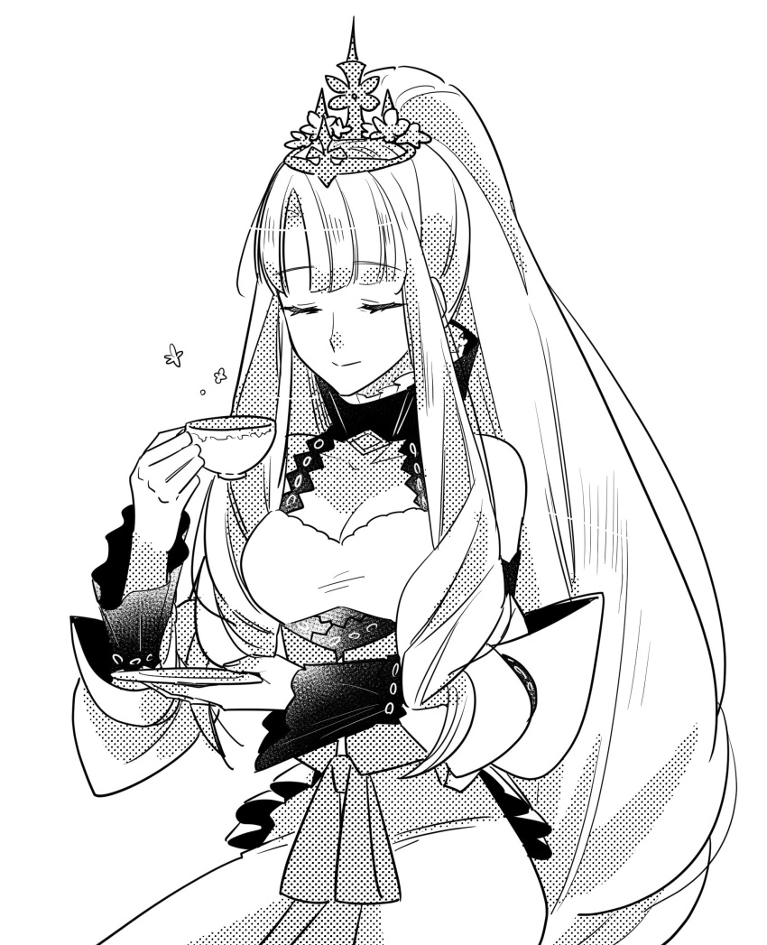 1girl absurdres asymmetrical_bangs blunt_bangs breasts cleavage closed_eyes closed_mouth crown cup dress facing_viewer fire_emblem fire_emblem_engage high_ponytail highres holding holding_cup holding_plate illust_mi long_hair monochrome plate ponytail queen_eve solo teacup very_long_hair white_background