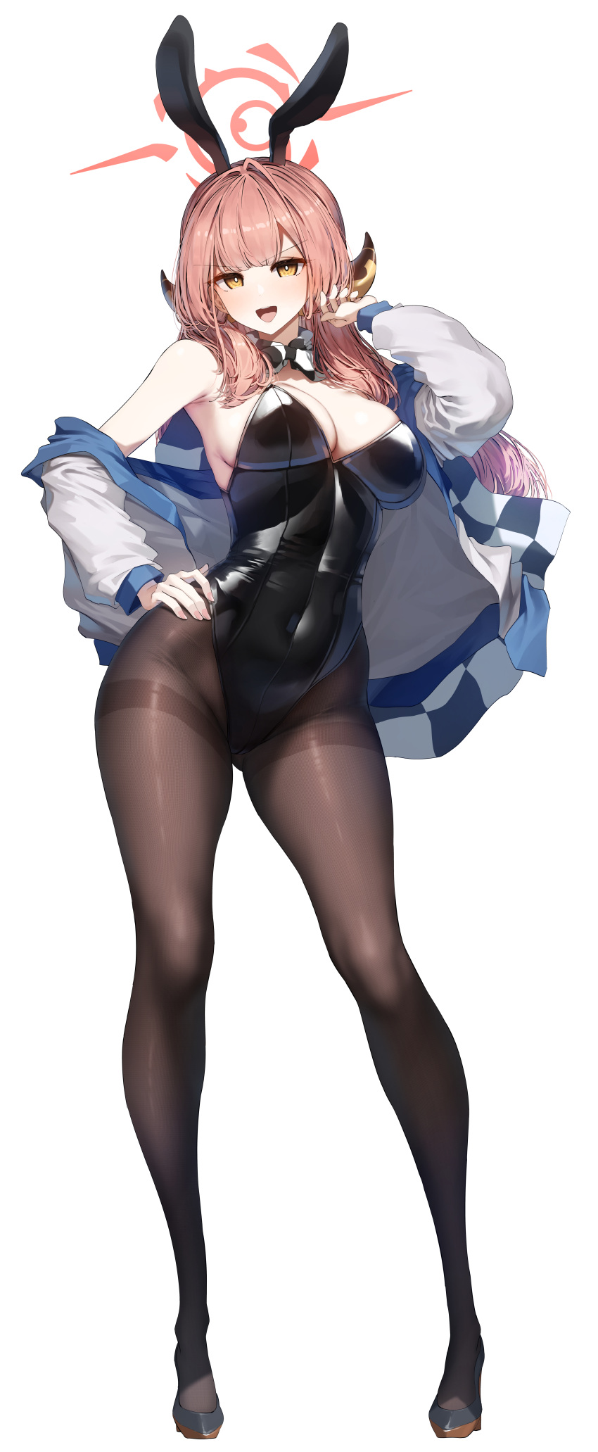 1girl :d absurdres alternate_costume animal_ears arm_up aru_(blue_archive) black_leotard black_pantyhose blue_archive bow bowtie breasts brown_pantyhose contrapposto covered_navel fake_animal_ears full_body halo hand_on_own_hip highleg highleg_leotard highres horns incredibly_absurdres jacket kagi_f large_breasts leotard long_hair looking_at_viewer off_shoulder open_mouth pantyhose pink_hair playboy_bunny rabbit_ears simple_background smile solo v-shaped_eyebrows white_background yellow_eyes