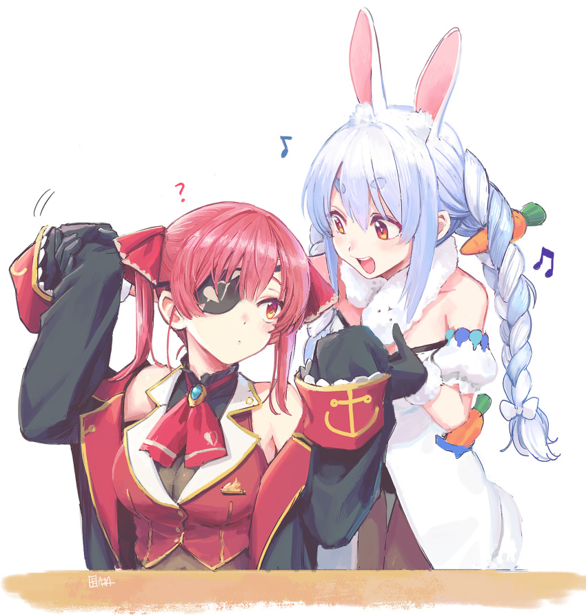 2girls :d ? a-ka anchor_print animal_ears arm_up ascot bare_shoulders black_gloves blue_hair braid breasts cowboy_shot detached_sleeves eyepatch food-themed_hair_ornament gem gloves hair_ornament hair_ribbon hand_up highres hololive houshou_marine jacket large_breasts long_hair long_sleeves looking_at_another multicolored_hair multiple_girls musical_note orange_eyes rabbit_ears red_ascot red_hair ribbon signature simple_background smile thick_eyebrows twin_braids usada_pekora virtual_youtuber white_background