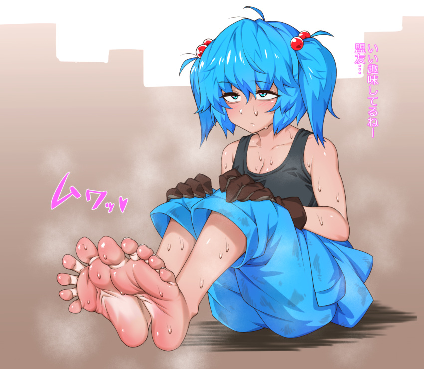 1girl barefoot blue_eyes blue_hair blue_pants blush breasts brown_gloves cleavage dirty dirty_clothes feet gloves hair_bobbles hair_ornament kawashiro_nitori no_shoes pants sitting smell soles solo sweat sweating_profusely tank_top terumaeromae toes touhou two_side_up