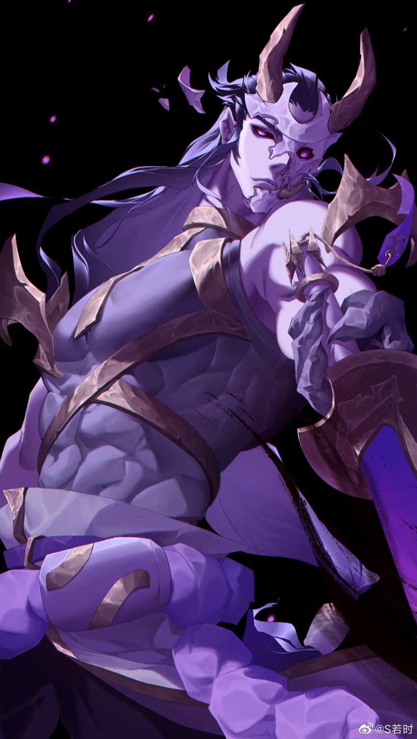 1boy abs absurdres artist_name black_background black_hair black_sclera broken_mask closed_mouth colored_sclera demon_horns fingernails highres holding holding_sword holding_weapon horns inkshadow_yone league_of_legends long_hair looking_at_viewer mask muscular muscular_male no_pupils official_alternate_costume oni_mask purple_eyes shadderfans sharp_fingernails simple_background solo sword upper_body weapon yone_(league_of_legends)