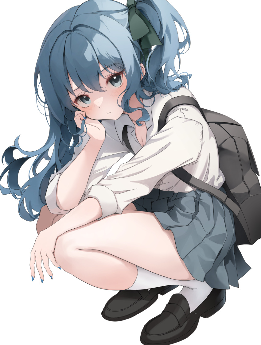 1girl absurdres backpack bag black_bag black_footwear blue_eyes blue_hair blue_nails blue_skirt blush breasts cleavage closed_mouth collared_shirt expressionless hair_ribbon head_rest highres hololive hoshimachi_suisei long_hair looking_at_viewer pleated_skirt ribbon scarlet_(wv0102) school_uniform shirt shoes side_ponytail simple_background skirt sleeves_rolled_up socks solo squatting transparent_background white_shirt white_socks