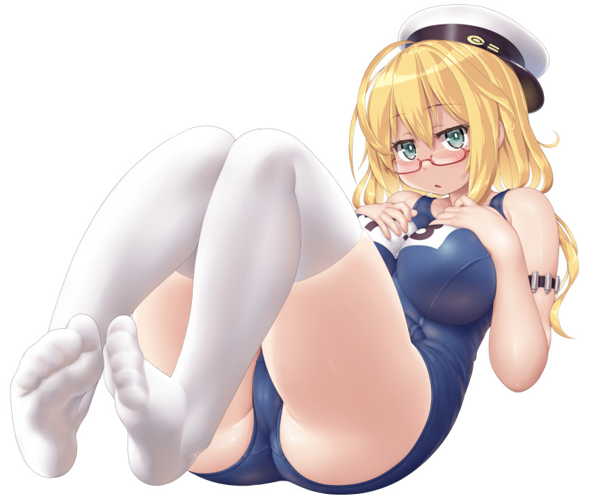 1girl aqua_eyes bare_shoulders blonde_hair blue_one-piece_swimsuit blush breasts dd_(ijigendd) full_body glasses hat highres i-8_(kancolle) kantai_collection large_breasts long_hair looking_at_viewer name_tag one-piece_swimsuit open_mouth peaked_cap red-framed_eyewear school_swimsuit simple_background solo swimsuit thighhighs white_background white_headwear white_thighhighs