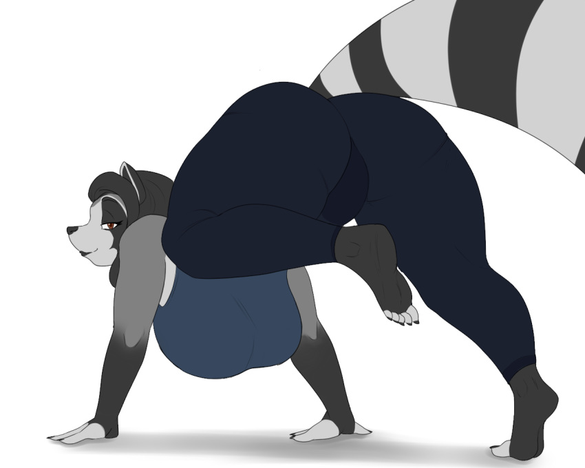 big_breasts big_butt blackbetty bottomwear breasts butt clothed clothing female franciene_(tango's_family) hair looking_at_viewer looking_back mammal pants procyonid raccoon smile solo thick_thighs tight_clothing topwear yoga_pants