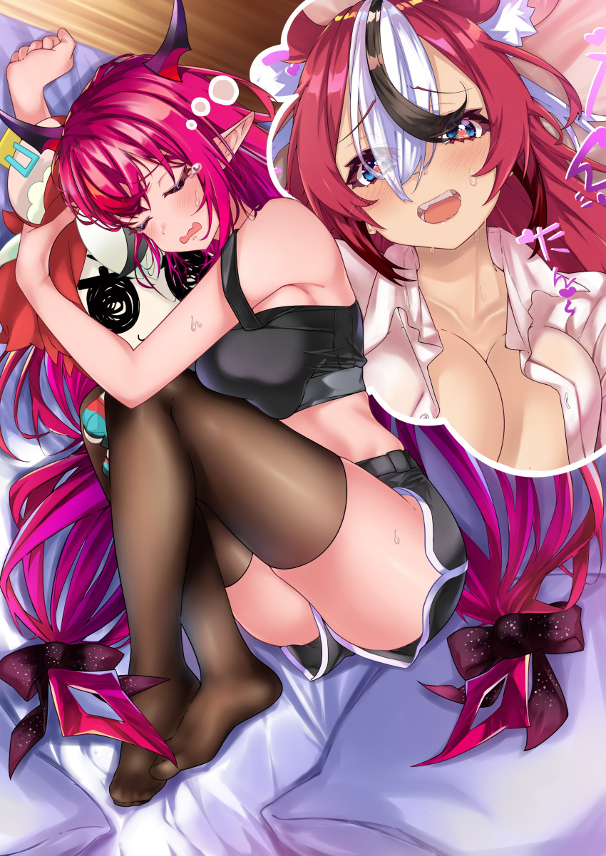 2girls absurdres animal_ears black_hair blush breasts cleavage closed_eyes commentary crying dreaming hair_between_eyes hakos_baelz heart heart-shaped_pupils highres hololive hololive_english horns irys_(hololive) large_breasts mouse_ears mouse_girl multicolored_hair multiple_girls open_mouth pointy_ears purple_hair red_hair shorts sleeping smol_baelz streaked_hair stuffed_toy sweat symbol-shaped_pupils teeth thighhighs tongue virtual_youtuber white_hair ye_ye_(jasonbee2) yuri