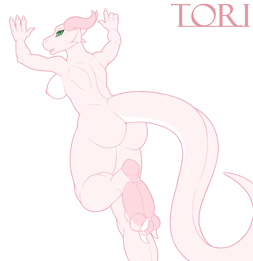 anthro arms_above_head back_muscles breasts butt claws female green_eyes hi_res horn kobold kurtassclear leg_muscles muscle_tone nipples nude red_body running simple_background sketch solo tail toe_claws tori_(lcut) white_background