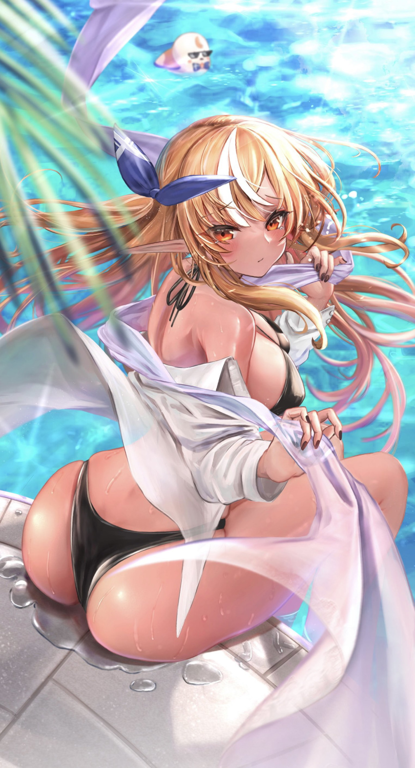 1girl :/ absurdres alternate_costume ass bikini black_bikini black_nails blonde_hair blush bow breasts dark-skinned_female dark_skin elf elfriend_(shiranui_flare) hair_bow highres hololive large_breasts long_hair long_pointy_ears looking_back maison_de_cante multicolored_hair open_clothes open_shirt orange_eyes pointy_ears pool poolside shiranui_flare shirt sideboob sitting skindentation solo streaked_hair swimsuit very_long_hair water white_shirt