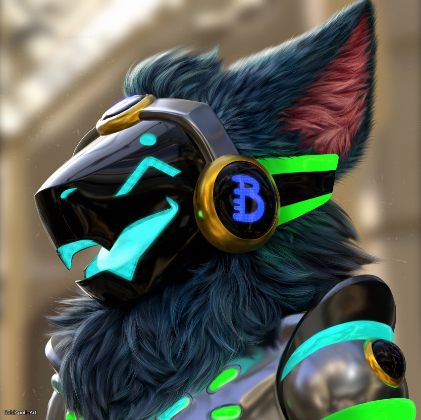 absurd_res anthro armor blue_body blue_eyes blue_fur canid canine cybernetics day fluffy fox_becket fur glowing glowing_eyes glowing_mouth goldapolloart hair happy headgear hi_res hybrid light machine male mammal metal neck_tuft open_mouth open_visor protogen protogen_armor protogen_visor realistic realistic_fur realistic_lighting red_body red_fur smile solo sunlight tongue tuft visor