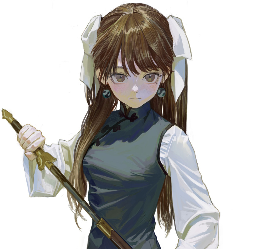 1girl blue_dress china_dress chinese_clothes closed_mouth commentary dress earrings eyeball_bracelet_girl_(fkey) fkey hair_ribbon highres holding holding_sword holding_weapon jewelry long_hair long_sleeves mole mole_under_eye original ribbon solo sword weapon wide_sleeves yin_yang yin_yang_earrings