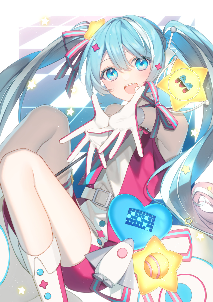 1girl absurdres belt blue_eyes blue_hair bow dress gloves hair_ornament hatsune_miku highres magical_mirai_miku magical_mirai_miku_(2022) multicolored_bow multicolored_hair rocket sleeveless sleeveless_dress solo star_(symbol) star_hair_ornament streaked_hair twintails two-tone_gloves vocaloid wand white_gloves yachishi_orca