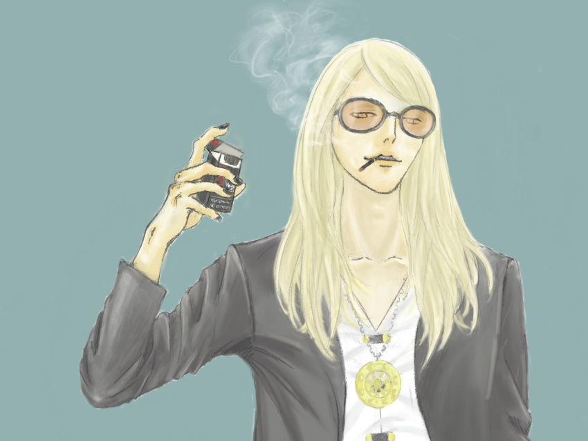 1boy black_jacket black_nails blonde_hair cigarette cigarette_pack collarbone fate/grand_order fate_(series) flapper_shirt green_background holding_cigarette_pack jacket jewelry long_hair looking_at_viewer male_focus medallion necklace open_clothes open_jacket orange-tinted_eyewear sasami-telepath shirt simple_background smile smoke solo sunglasses tezcatlipoca_(fate) tinted_eyewear upper_body white_shirt