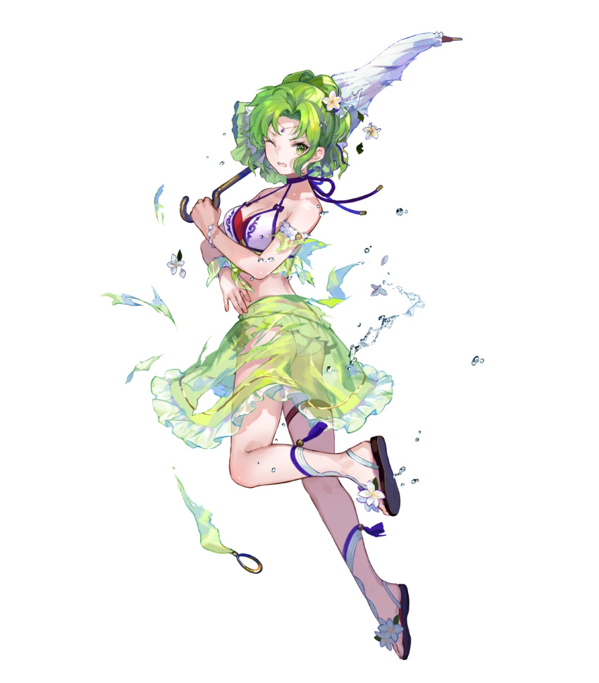 1girl ass bare_shoulders bikini breasts broken_umbrella fire_emblem fire_emblem:_the_sacred_stones fire_emblem_heroes flower full_body fuzichoco gradient_clothes green_eyes grey_hair hair_flower hair_ornament highres holding jewelry l'arachel_(fire_emblem) leg_up long_hair looking_back medium_breasts navel non-web_source official_art one_eye_closed open_mouth sandals see-through solo stomach swimsuit toeless_footwear toes torn_clothes transparent_background umbrella water water_drop