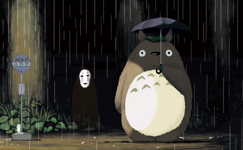 black_eyes black_umbrella bus_stop chu-son creature crossover forest ghost holding holding_umbrella kaonashi kodama leaf leaf_on_head mononoke_hime nature outdoors rain sen_to_chihiro_no_kamikakushi sign studio_ghibli tonari_no_totoro totoro totoro_bus_stop umbrella