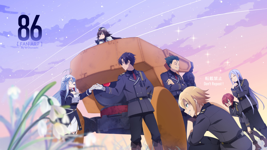 3boys 4girls 86_-eightysix- ^_^ absurdres anju_emma belt black_belt black_jacket black_pants black_shirt blonde_hair blue_eyes blue_hair blue_jacket blue_skirt breasts brown_hair cat closed_eyes collared_shirt contrail copyright_name cowlick fido_(86) floating_hair flower frederica_rosenfort gloves hair_behind_ear hair_between_eyes high-waist_skirt highres holding_hands jacket kurena_kukumila leaning_forward long_hair mecha medium_breasts military_uniform multiple_boys multiple_girls otonashi_io_(arhrask_10) pants parted_lips raiden_shuga red_hair robot shinei_nouzen shirt skirt smile star_(sky) theoto_rikka uniform vladilena_millize white_flower white_gloves white_shirt