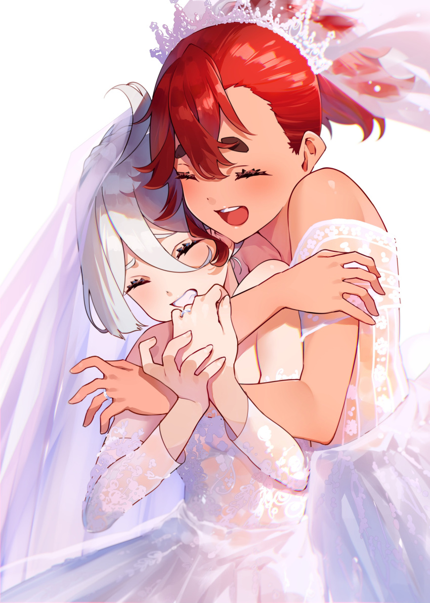 2girls ^_^ absurdres bare_shoulders blush bridal_veil closed_eyes cowlick dress grey_hair gundam gundam_suisei_no_majo hair_behind_ear hair_between_eyes highres hug hug_from_behind miorine_rembran multiple_girls ponytail puni_(punycolors) red_hair smile suletta_mercury thick_eyebrows veil wedding_dress white_dress wife_and_wife yuri