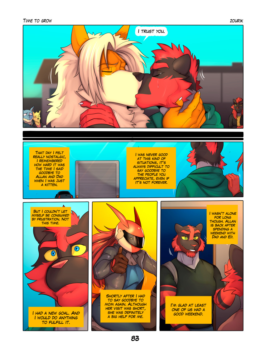 absurd_res allan_(zourik) anthro arcanine armor bodily_fluids comic duo dylan_(zourik) english_text female generation_1_pokemon generation_7_pokemon headgear helmet hi_res incineroar jessica_(zourik) kissing leo_(zourik) male male/male nintendo pokemon pokemon_(species) tears text zourik