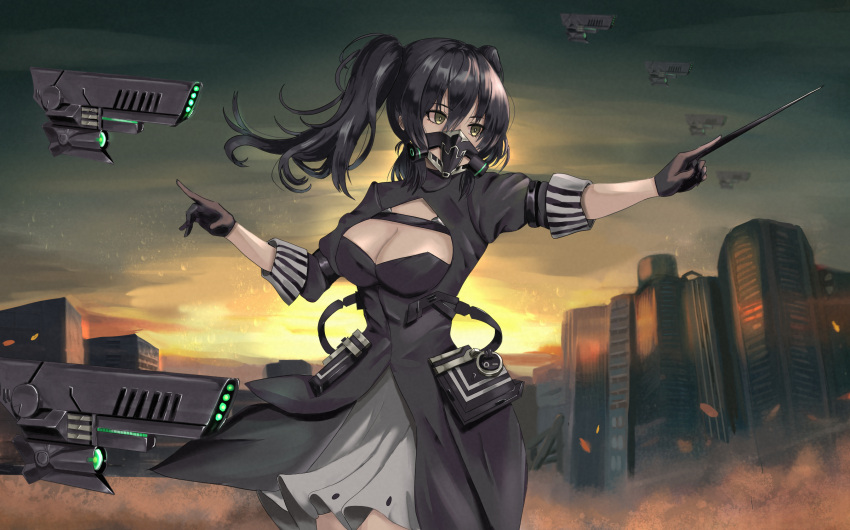 1girl black_dress black_gloves black_hair breasts brown_eyes building cleavage commentary_request dress girls'_frontline gloves gun hair_between_eyes highres holding holding_wand long_sleeves looking_away looking_to_the_side medium_breasts outdoors pleated_dress respirator scarecrow_(girls'_frontline) sky solo standing sunset tobi_(mylifekei) twintails wand weapon