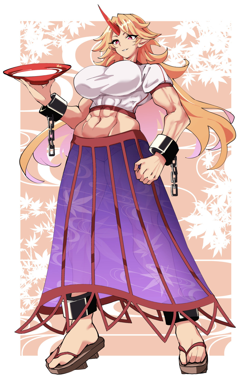 1girl abs absurdres alcohol blonde_hair breasts commentary_request cuffs cup fugaku_(miko_no_miyatsuguchi) full_body geta highres holding holding_cup horns hoshiguma_yuugi large_breasts leaf leaf_background long_hair long_skirt looking_at_viewer midriff muscular muscular_female navel oni oni_horns pointy_ears red_eyes sakazuki sake see-through see-through_skirt shackles short_sleeves single_horn skirt solo star_(symbol) touhou