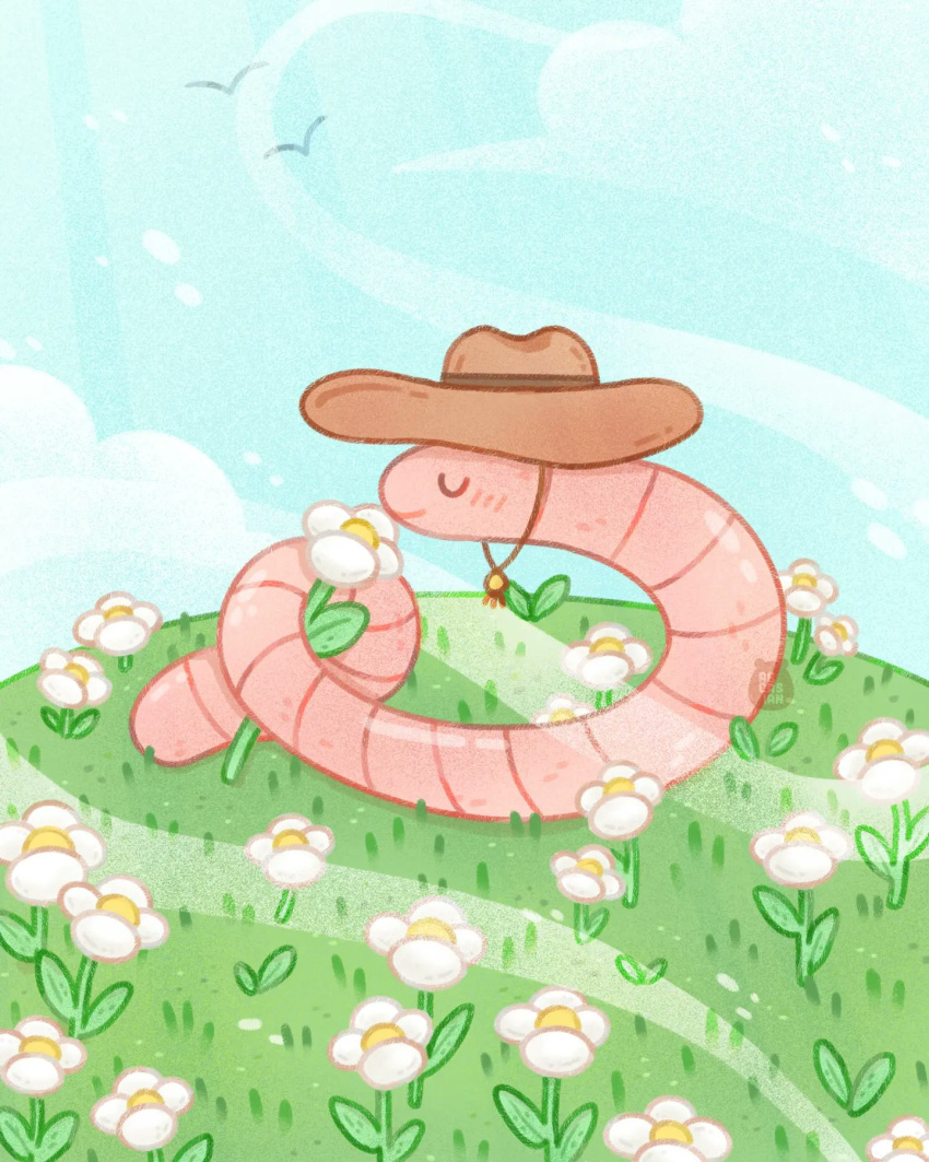 arcasian blue_sky blush chibi closed_eyes closed_mouth cloud cowboy cowboy_hat field flower hat highres original sky smelling worm