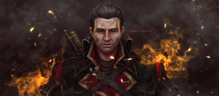 1boy aristocratic_clothes artist_name assassin's_creed:_rogue assassin's_creed_(series) belt black_hair closed_eyes commentary embers english_commentary fire flame portrait scar scar_across_eye shay_patrick_cormac short_hair solo sunsetagain watermark weapon weapon_on_back