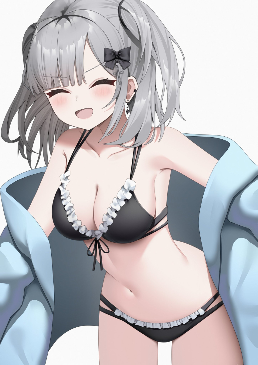 1girl bare_shoulders bikini black_bikini black_bow blue_jacket blush bow breasts cleavage closed_eyes collarbone earrings front-tie_bikini_top front-tie_top grey_hair hair_bow hair_ornament highres jacket jewelry kaga_sumire koba_(kobako42) looking_at_viewer medium_breasts navel off_shoulder open_mouth short_hair short_twintails smile solo swimsuit thighs twintails virtual_youtuber vspo! white_background