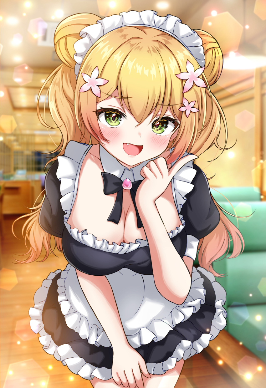 1girl absurdres blonde_hair blush breasts double_bun fang flower gradient_hair green_eyes hair_bun hair_flower hair_ornament highres hololive large_breasts long_hair looking_at_viewer momosuzu_nene multicolored_hair open_mouth pink_hair rinkaa_(lovelive765pro2) smile solo two_side_up virtual_youtuber