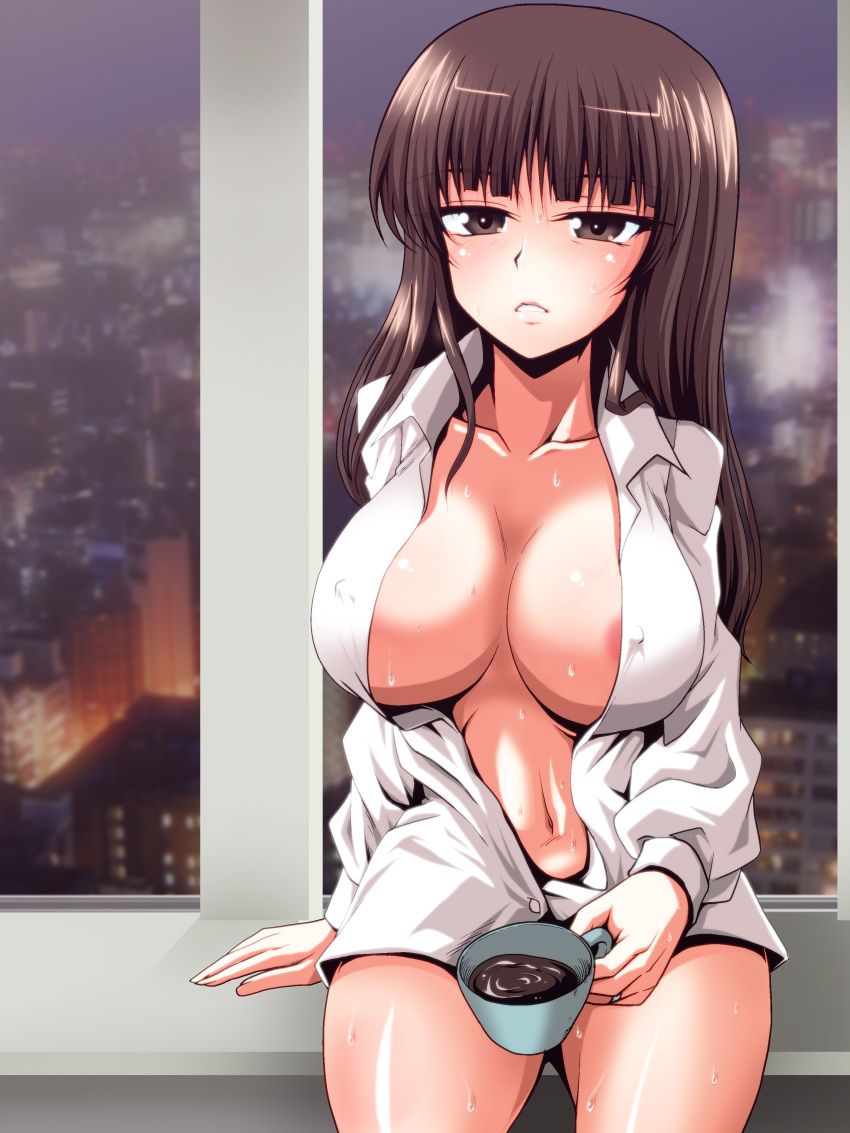 1girl absurdres areola_slip black_eyes black_hair blush breasts cityscape coffee coffee_mug collared_shirt commentary covered_nipples cowboy_shot cup dress_shirt girls_und_panzer half-closed_eyes highres holding holding_cup indoors kamishima_kanon large_breasts long_hair long_sleeves looking_at_viewer mature_female mug naked_shirt navel night nishizumi_shiho parted_lips partially_unbuttoned shirt sitting solo steam sweat white_shirt window wing_collar