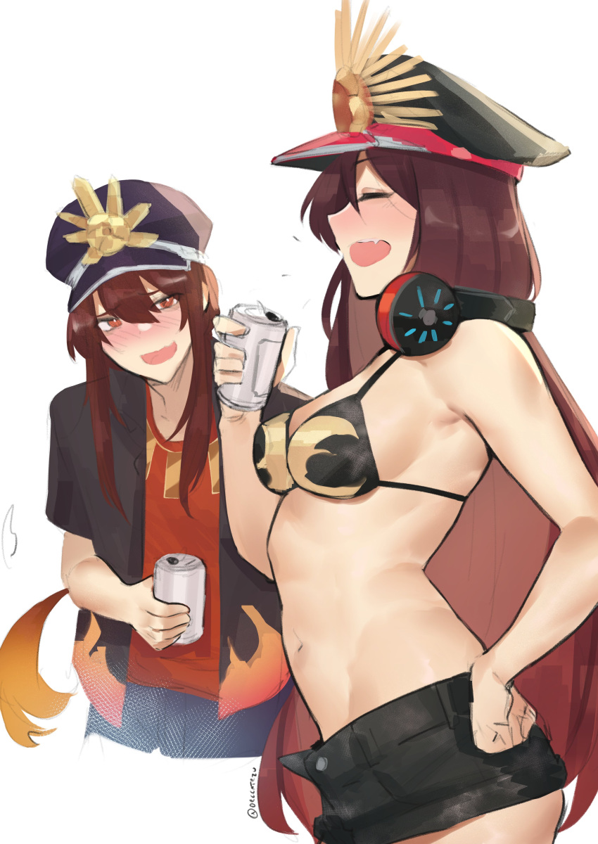 1boy 1girl absurdres beer_can bikini black_bikini black_headwear can deccatezu fate/grand_order fate_(series) hat headphones headphones_around_neck highres long_hair oda_nobukatsu_(fate) oda_nobunaga_(fate) oda_nobunaga_(swimsuit_berserker)_(fate) red_shirt shirt shorts siblings swimsuit